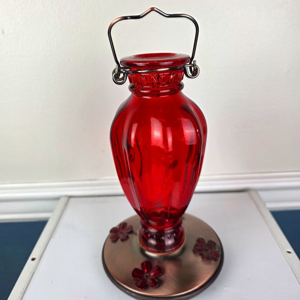 Red Flashed Glass Daisy Vase Hummingbird Feeder 9"
